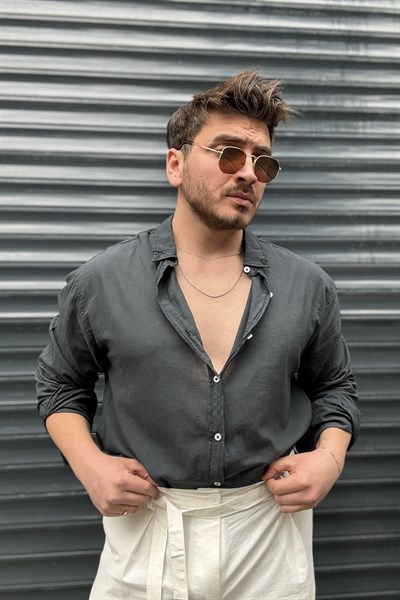 İnce Keten Oversize Gömlek Füme