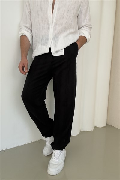 İşlemeli Keten Baggy Pantolon Siyah