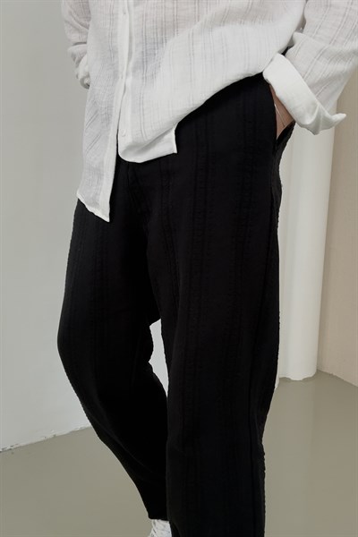 İşlemeli Keten Baggy Pantolon Siyah