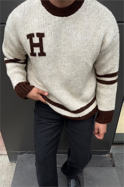 Kalın Oversize H Baskılı Kazak Krem-Kahve