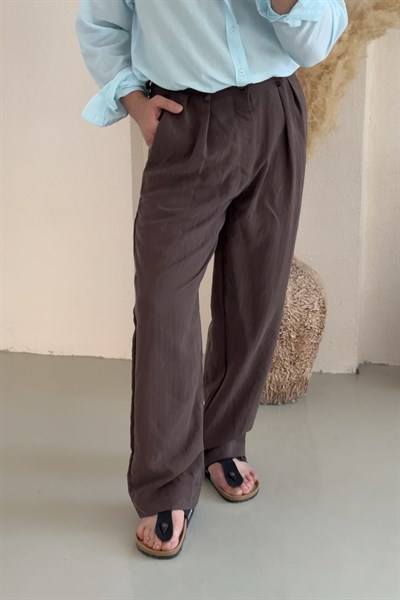 Kendinden Çizgili Modal Kumaş Baggy Pantolon Kahve