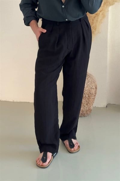 Kendinden Çizgili Modal Kumaş Baggy Pantolon Siyah