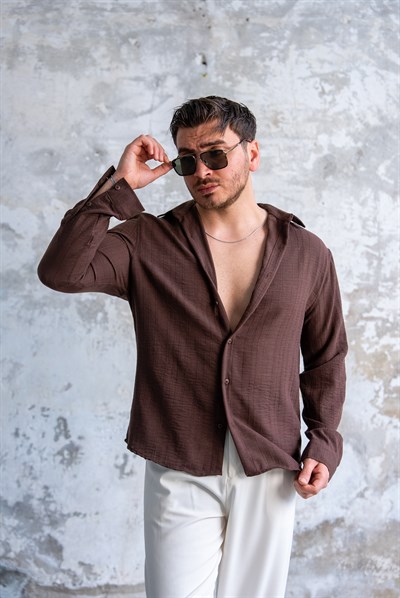 Kendinden Çizgili  Oversize Gömlek Kahve