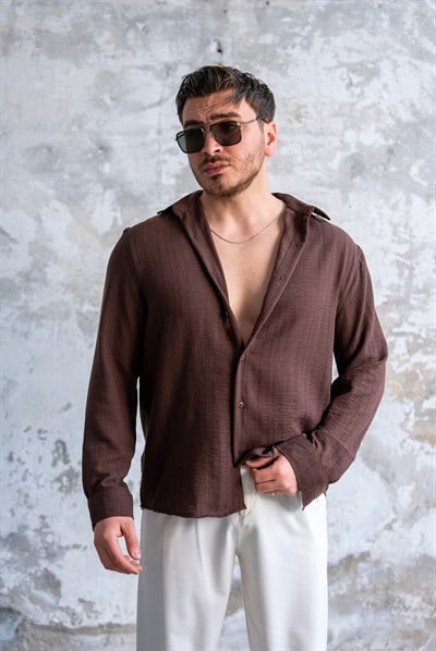 Kendinden Çizgili  Oversize Gömlek Kahve