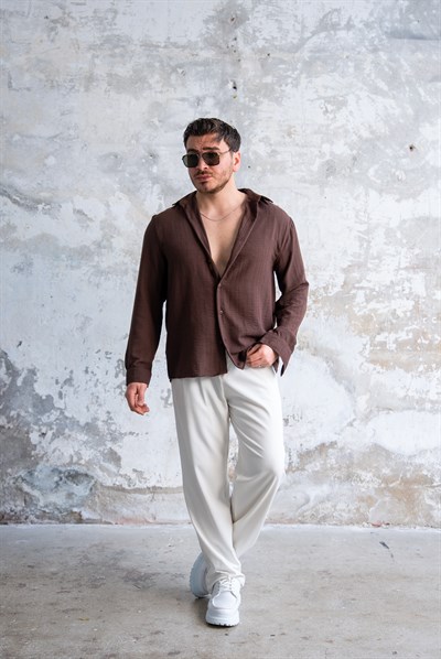 Kendinden Çizgili  Oversize Gömlek Kahve