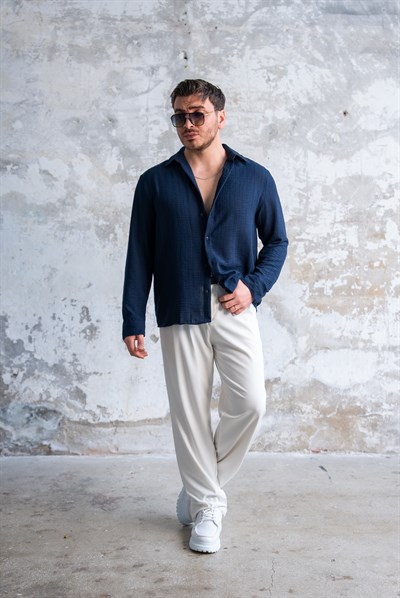Kendinden Çizgili  Oversize Gömlek Lacivert