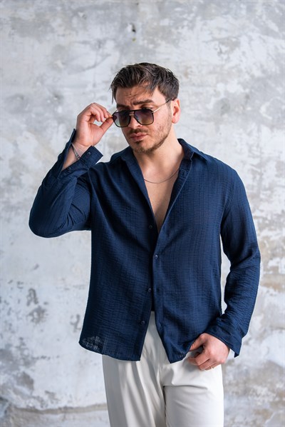 Kendinden Çizgili  Oversize Gömlek Lacivert