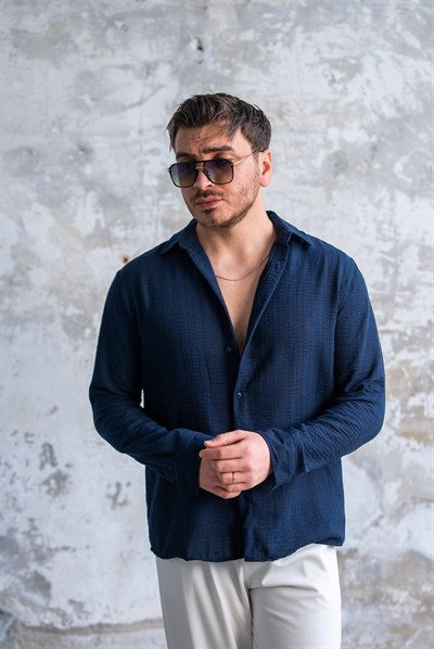 Kendinden Çizgili  Oversize Gömlek Lacivert