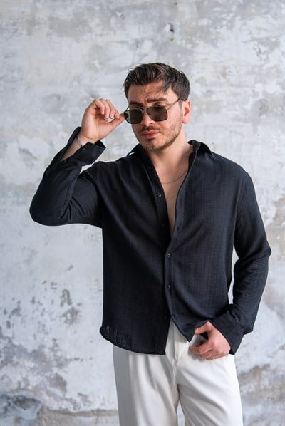 Kendinden Çizgili  Oversize Gömlek Siyah