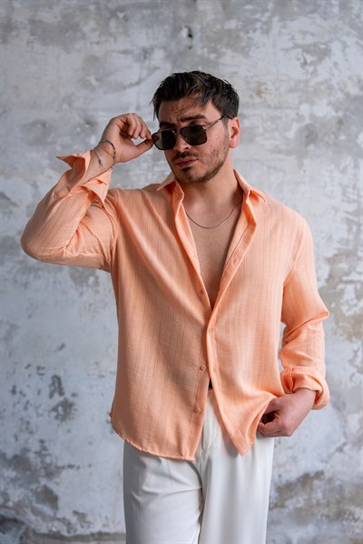 Kendinden Çizgili  Oversize Gömlek Turuncu