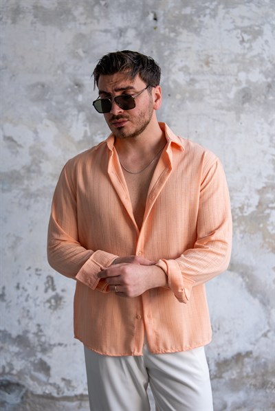 Kendinden Çizgili  Oversize Gömlek Turuncu