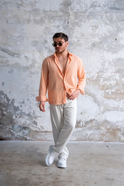Kendinden Çizgili  Oversize Gömlek Turuncu