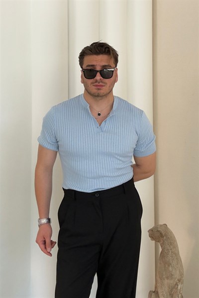 Kendinden Çizgili Yaka Düğmeli Triko Tshirt Bebe Mavisi