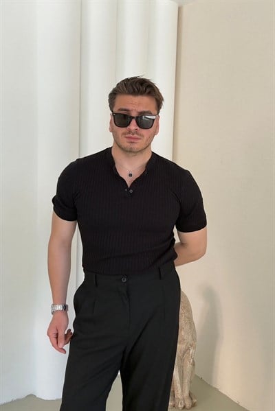 Kendinden Çizgili Yaka Düğmeli Triko Tshirt Siyah