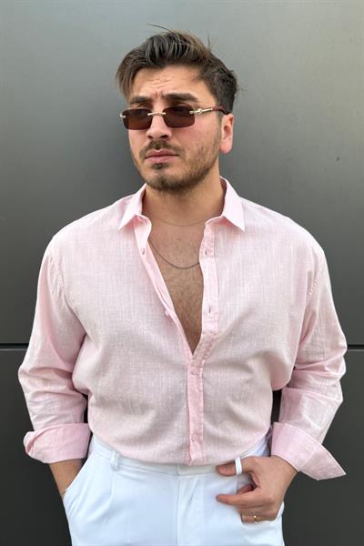 Keten Bol Kalıp Gömlek Pembe