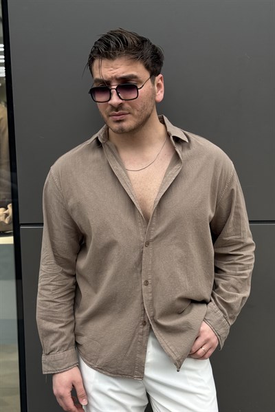 Keten Dolgun  Oversize Gömlek Kahve