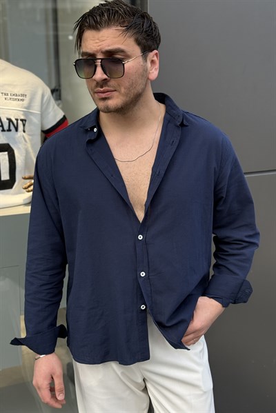 Keten Oversize Yaka Düğmeli Gömlek Lacivert