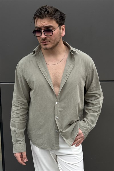 Keten Oversize Yaka Düğmeli Gömlek Mint