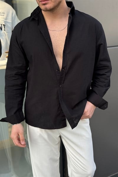 Keten Oversize Yaka Düğmeli Gömlek Siyah