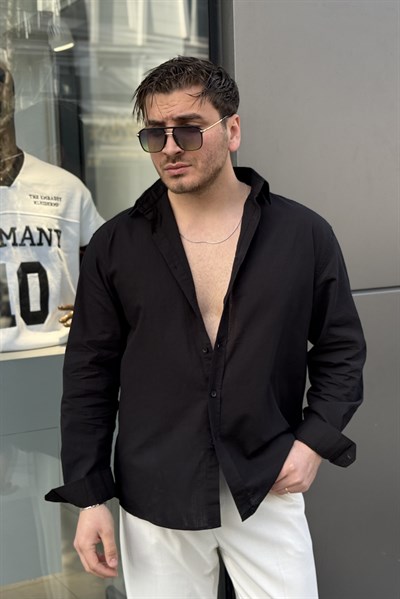 Keten Oversize Yaka Düğmeli Gömlek Siyah