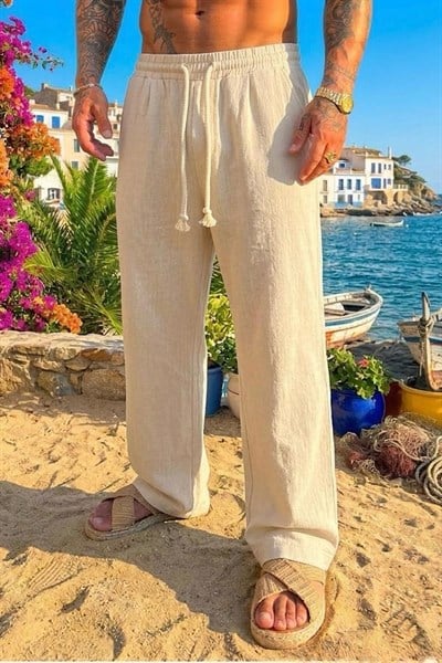 Kordon Halatlı Baggy Pantolon Krem