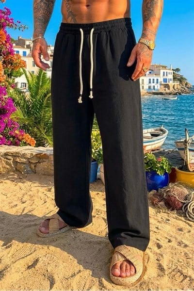 Kordon Halatlı Baggy Pantolon Siyah