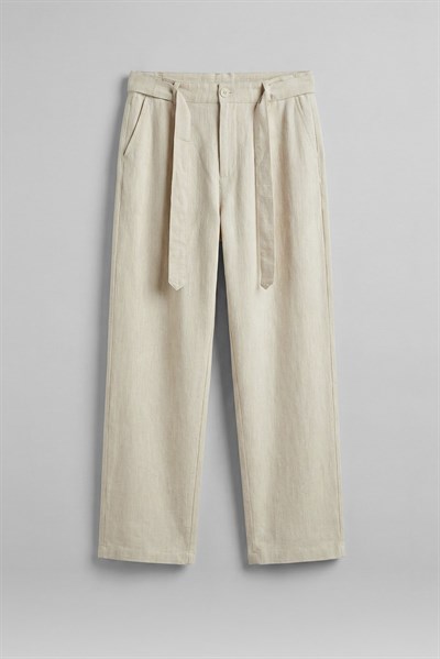 Kuşaklı Keten Baggy Pantolon Krem