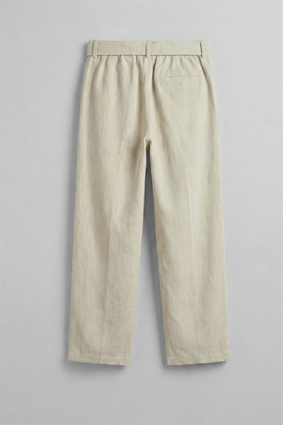 Kuşaklı Keten Baggy Pantolon Krem