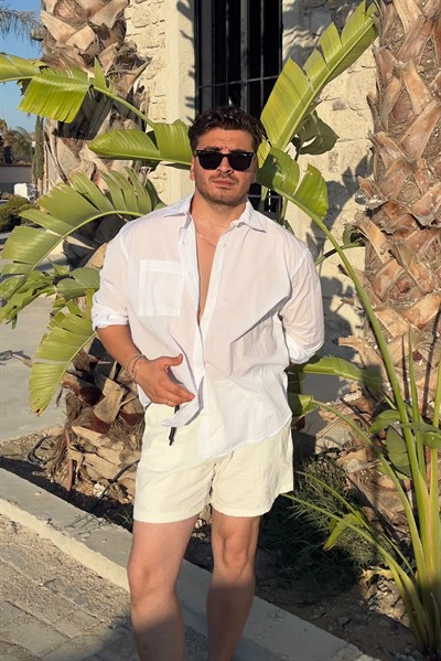 Mono Çizgili Oversize Gömlek Beyaz