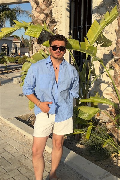 Mono Çizgili Oversize Gömlek Mavi