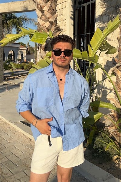 Mono Çizgili Oversize Gömlek Mavi
