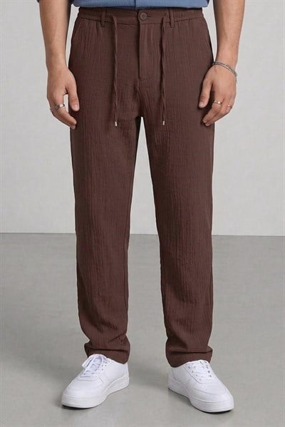 Müslin Kumaş Regular Kalıp Pantolon Kahve