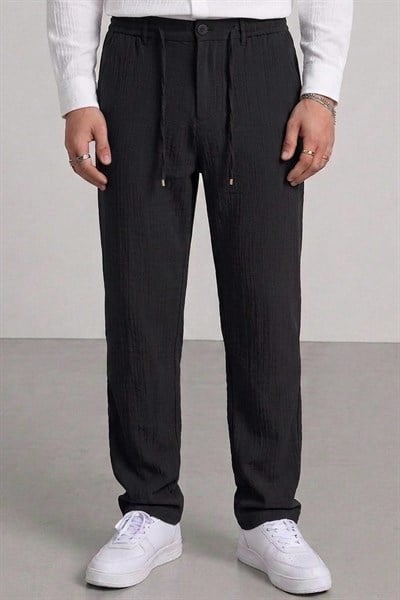Müslin Kumaş Regular Kalıp Pantolon Siyah