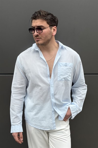 Nakış Detay Cepli İnce Oversize Gömlek Bebe Mavisi