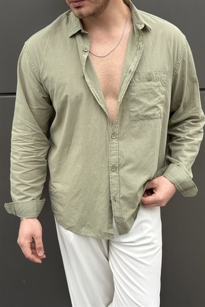 Nakış Detay Cepli İnce Oversize Gömlek Yeşil