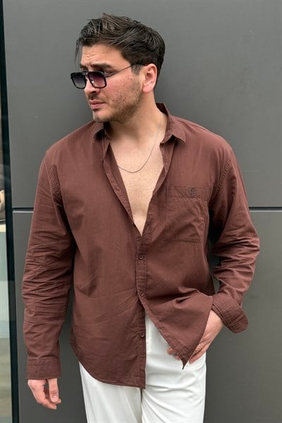 Nakış Detay Cepli İnce Oversize Gömlek Kahve