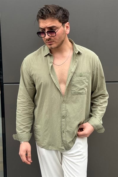 Nakış Detay Cepli İnce Oversize Gömlek Yeşil