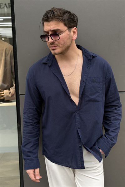 Nakış Detay Cepli İnce Oversize Gömlek Lacivert
