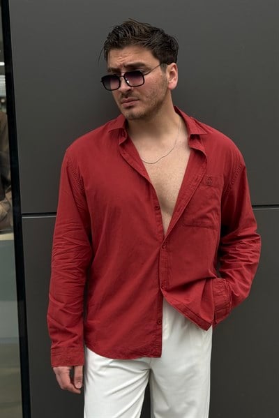 Nakış Detay Cepli İnce Oversize Gömlek Kırmızı