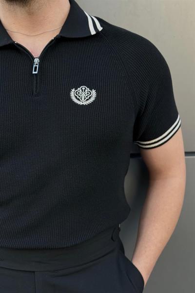 Nakışlı Polo Yaka Triko Tshirt Siyah