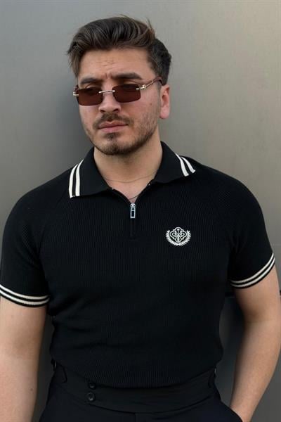 Nakışlı Polo Yaka Triko Tshirt Siyah