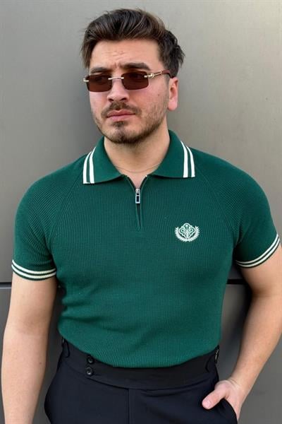 Nakışlı Polo Yaka Triko Tshirt Zümrüt Yeşili