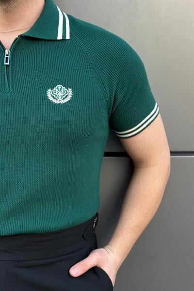 Nakışlı Polo Yaka Triko Tshirt Zümrüt Yeşili