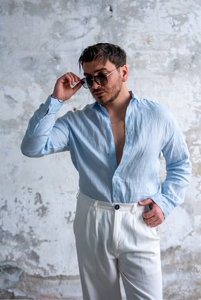 Naturel Keten Oversize Gömlek Bebe Mavisi