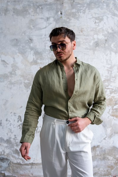 Naturel Keten Oversize Gömlek Yeşil