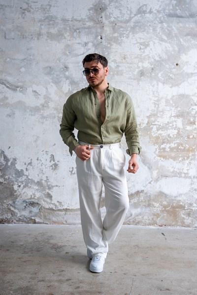 Naturel Keten Oversize Gömlek Yeşil
