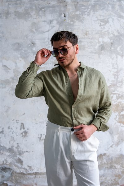 Naturel Keten Oversize Gömlek Yeşil