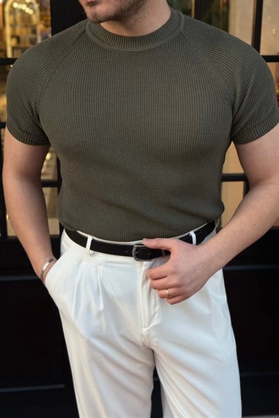 Omuz Detaylı Basic Triko Tshirt Haki