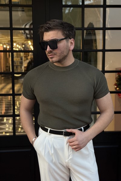 Omuz Detaylı Basic Triko Tshirt Haki