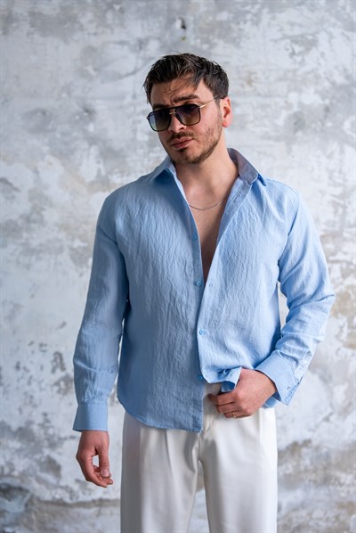 Oversize Şeritli Gömlek Açık Mavi